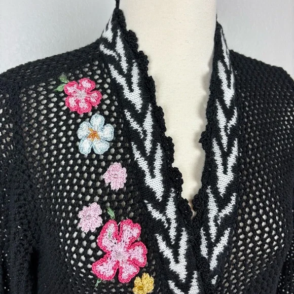 Storybook Knits Vintage Black Cardigan Size L Longline Beaded Floral Open Knit - Picture 4 of 17
